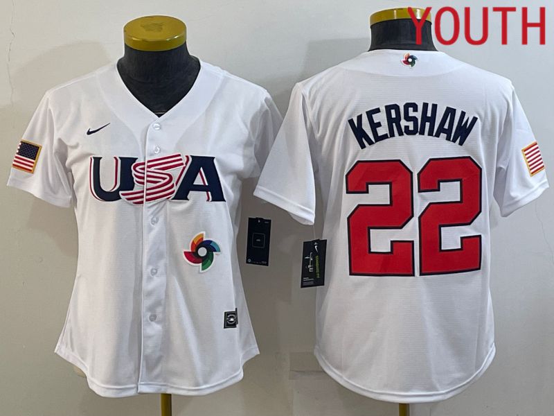Youth 2023 World Cub USA #22 Kershaw White MLB Jersey1